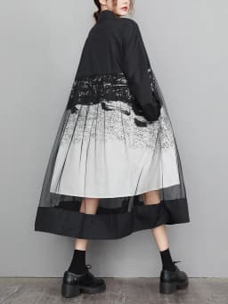 Mesh Patchwork Print Shirt Dresses For Women Long Sleeve Loose Casual Vintage Dress Fashion Elegant Clothing Spring Autumn 2026