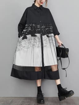 Mesh Patchwork Print Shirt Dresses For Women Long Sleeve Loose Casual Vintage Dress Fashion Elegant Clothing Spring Autumn 2026