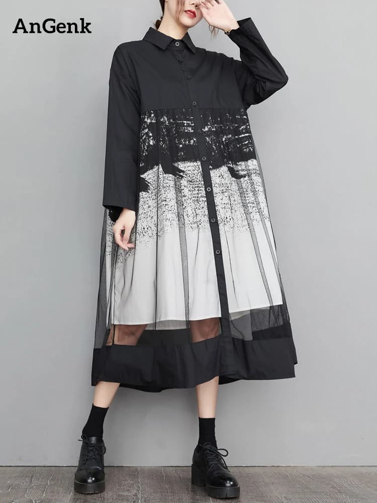 Mesh Patchwork Print Shirt Dresses For Women Long Sleeve Loose Casual Vintage Dress Fashion Elegant Clothing Spring Autumn 2026