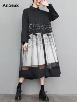 Mesh Patchwork Print Shirt Dresses For Women Long Sleeve Loose Casual Vintage Dress Fashion Elegant Clothing Spring Autumn 2026