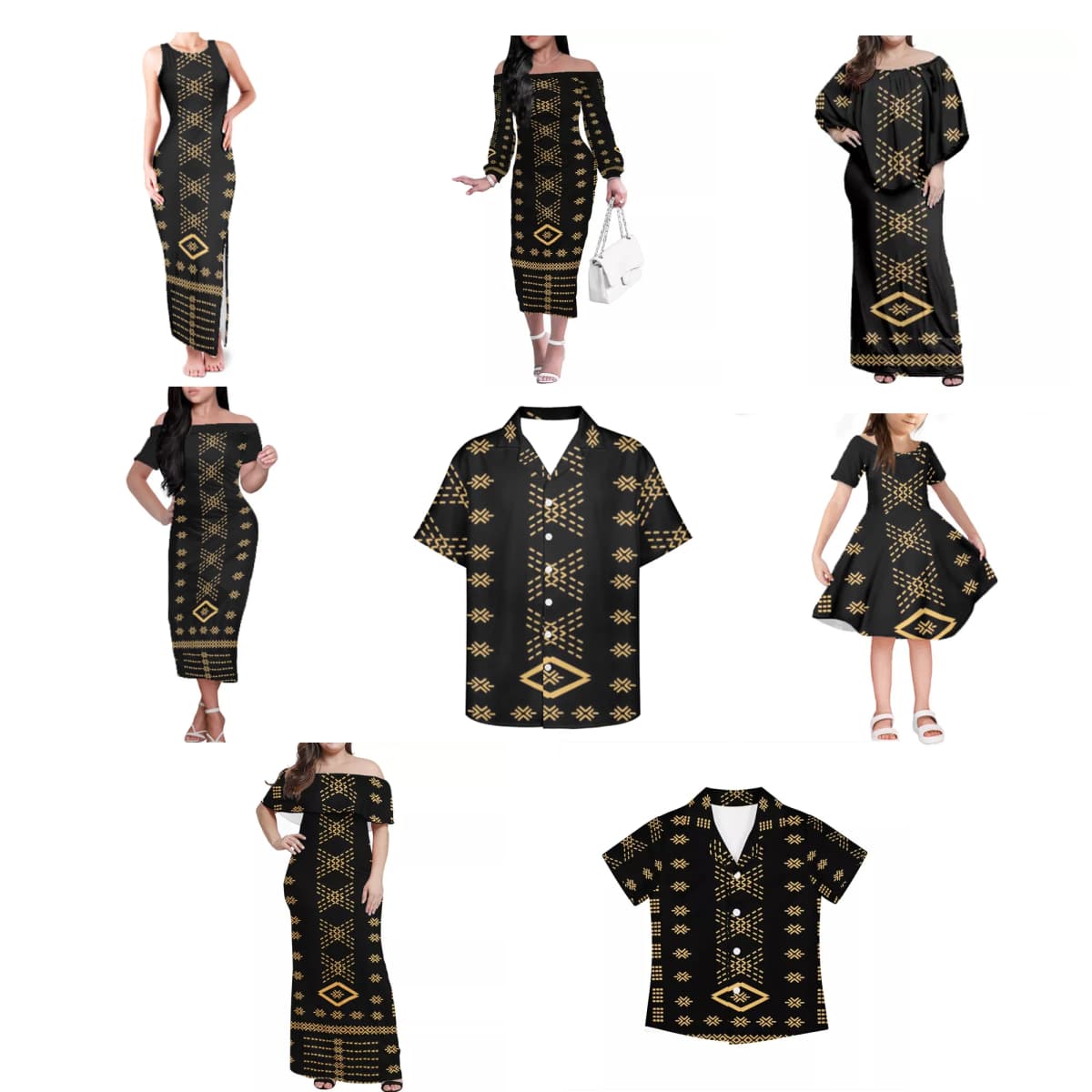Women Dress Custom Hibiscus Polynesian Tribal tattoo Design Family Set Clothes Adult Children's Clothing 4-piece Sets