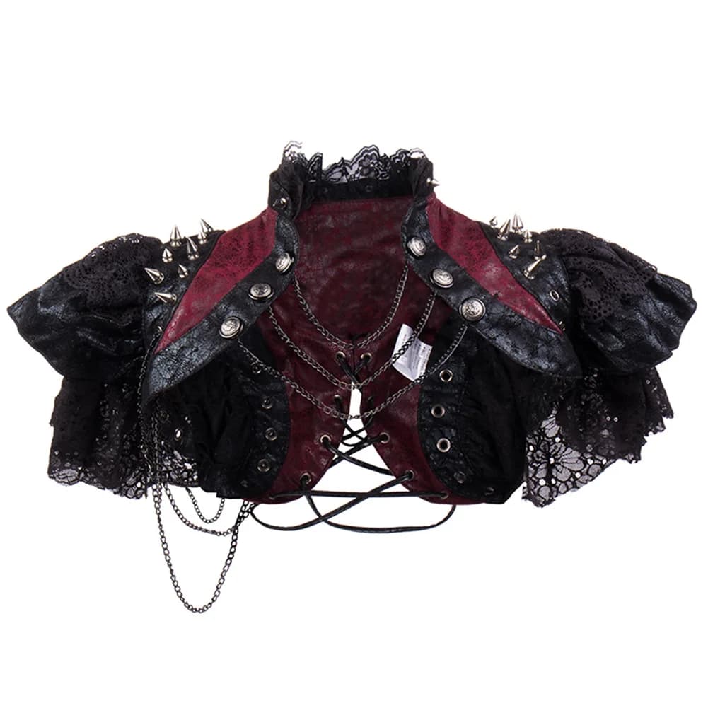 Red Leather & Black Lace Rivets Chains y2k Vintage Jacket Steampunk Costume Women Gothic Clothing Rock Rave Coat Cool Streetwear