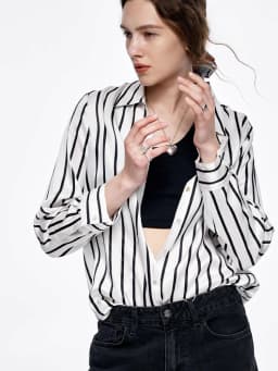 SuyaDream, Women Striped Shirts, 20.8mm 100%Silk, Turn Down Collar Printed Blouses, 2024 Spring Summer Office Lady Chic Top