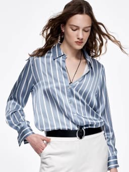 SuyaDream, Women Striped Shirts, 20.8mm 100%Silk, Turn Down Collar Printed Blouses, 2024 Spring Summer Office Lady Chic Top