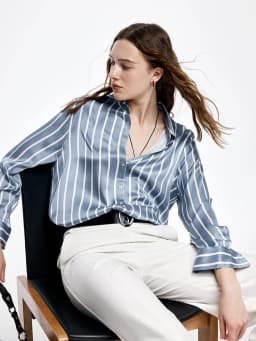 SuyaDream, Women Striped Shirts, 20.8mm 100%Silk, Turn Down Collar Printed Blouses, 2024 Spring Summer Office Lady Chic Top
