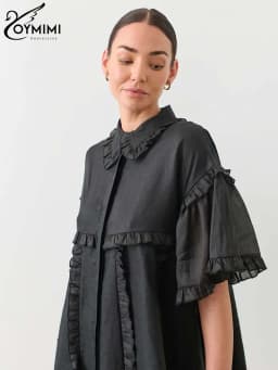 Oymimi Fashion Black Cotton Women's Dress Elegant Ruffled Short Sleeve Loose Dresses Casual New Straight Mini Dresses Streetwear