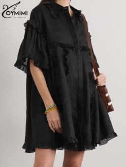 Oymimi Fashion Black Cotton Women's Dress Elegant Ruffled Short Sleeve Loose Dresses Casual New Straight Mini Dresses Streetwear