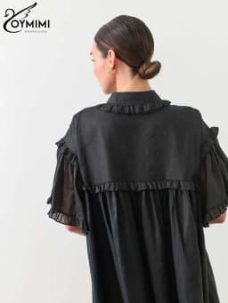 Oymimi Fashion Black Cotton Women's Dress Elegant Ruffled Short Sleeve Loose Dresses Casual New Straight Mini Dresses Streetwear