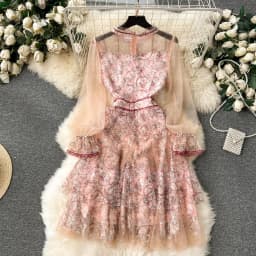New Runway Summer A-Line Cake Dress Women's Flare Sleeve Floral Embroidery Elegant Sequins Mesh Hollow Out Mini Vestidos