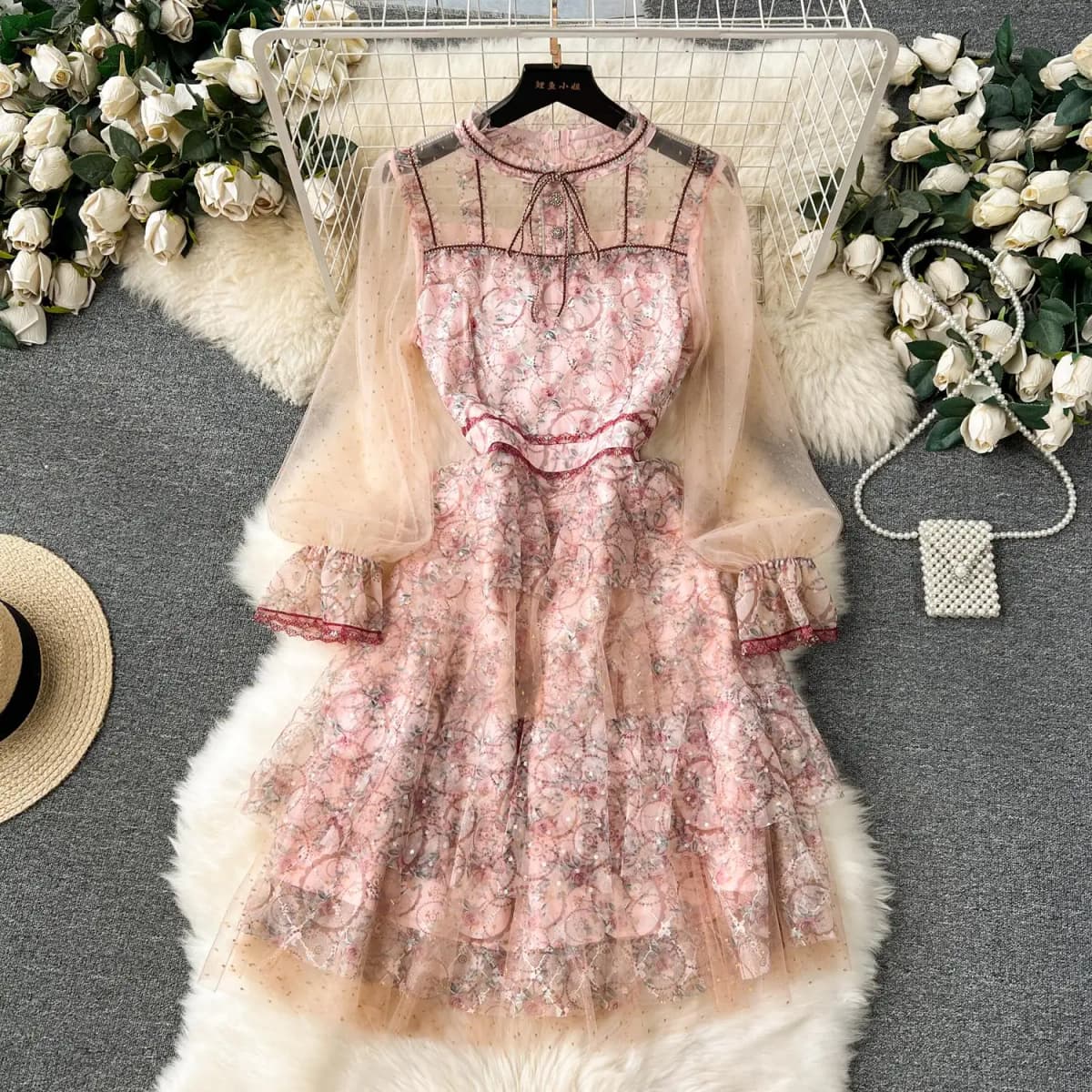 New Runway Summer A-Line Cake Dress Women's Flare Sleeve Floral Embroidery Elegant Sequins Mesh Hollow Out Mini Vestidos