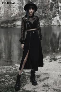 PUNK RAVE Women's Minimalist Thin Two-wear A Pendulum Chiffon Half Skirt Detachable Belt High Waist Long Skirts Women