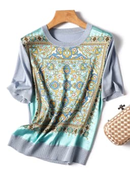 Vintage Print Patchwork Knitted T-Shirt Women Fashion Short Sleeve Camisetas Loose Graphic O-Neck High Quality Female Top Summer