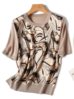 Vintage Print Patchwork Knitted T-Shirt Women Fashion Short Sleeve Camisetas Loose Graphic O-Neck High Quality Female Top Summer