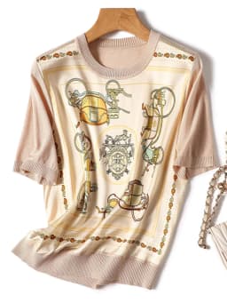 Vintage Print Patchwork Knitted T-Shirt Women Fashion Short Sleeve Camisetas Loose Graphic O-Neck High Quality Female Top Summer