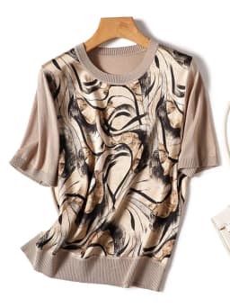 Vintage Print Patchwork Knitted T-Shirt Women Fashion Short Sleeve Camisetas Loose Graphic O-Neck High Quality Female Top Summer