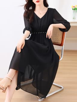 Black Chiffon Elegant Party Solid Long Vestido Women Elegant Prom Midi Clothes 2024 Summer Vintage Hepburn Evening Pleated Dress