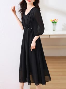 Black Chiffon Elegant Party Solid Long Vestido Women Elegant Prom Midi Clothes 2024 Summer Vintage Hepburn Evening Pleated Dress