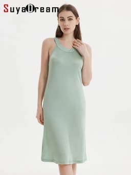 SuyaDream Women Solid Dresses Knitted Real Silk Halterneck Off Shoulder Mid Dress 2026 Spring Summer Elegant Clothes Green White