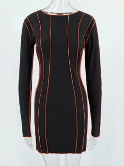 OMSJ 2024 Street Striped Dresses Women Full Sleeve Crew Neck Casual High-waist Fashion Pullover Ribbed Color Slim Contrast Dress