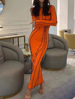 OMSJ 2024 Street Striped Dresses Women Full Sleeve Crew Neck Casual High-waist Fashion Pullover Ribbed Color Slim Contrast Dress