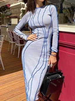 OMSJ 2024 Street Striped Dresses Women Full Sleeve Crew Neck Casual High-waist Fashion Pullover Ribbed Color Slim Contrast Dress