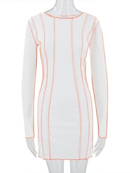 OMSJ 2024 Street Striped Dresses Women Full Sleeve Crew Neck Casual High-waist Fashion Pullover Ribbed Color Slim Contrast Dress