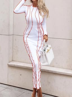 OMSJ 2024 Street Striped Dresses Women Full Sleeve Crew Neck Casual High-waist Fashion Pullover Ribbed Color Slim Contrast Dress