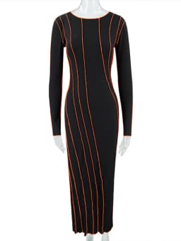 OMSJ 2024 Street Striped Dresses Women Full Sleeve Crew Neck Casual High-waist Fashion Pullover Ribbed Color Slim Contrast Dress