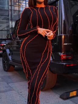 OMSJ 2024 Street Striped Dresses Women Full Sleeve Crew Neck Casual High-waist Fashion Pullover Ribbed Color Slim Contrast Dress