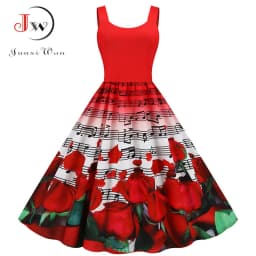 Summer Music Note Floral Print Women Sexy New Year Party Dress Spaghetti Strap Vintage Swing Robe Valentine's Vestidos