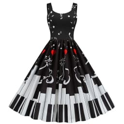 Summer Music Note Floral Print Women Sexy New Year Party Dress Spaghetti Strap Vintage Swing Robe Valentine's Vestidos