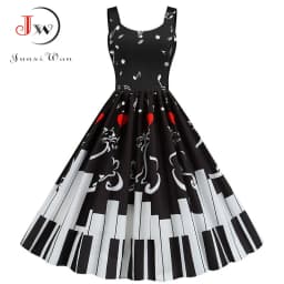 Summer Music Note Floral Print Women Sexy New Year Party Dress Spaghetti Strap Vintage Swing Robe Valentine's Vestidos
