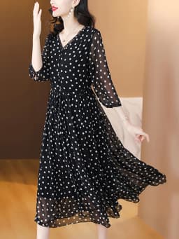 Summer Black Print Polka Dot Silk Midi Dress Women Elegant Bodycon Ruffled V-Neck Dress 2024 Vintage Hepburn Party Evening Dress