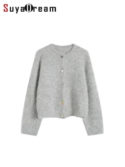SuyaDream, Women Cardigans, 78%Alpaca, O Neck, Single breasted Solid Sweaters, 2025 Fall Winter Warm Jackets, White, Grey, Pink