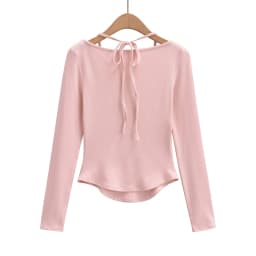 Sexy long sleeve top white korean fashion halter top cropped fake 2 pieces Fall outfits women t shirts crop top pink bow tie