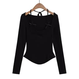 Sexy long sleeve top white korean fashion halter top cropped fake 2 pieces Fall outfits women t shirts crop top pink bow tie