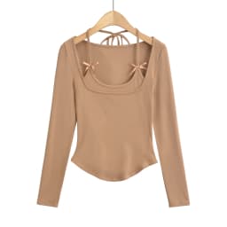 Sexy long sleeve top white korean fashion halter top cropped fake 2 pieces Fall outfits women t shirts crop top pink bow tie