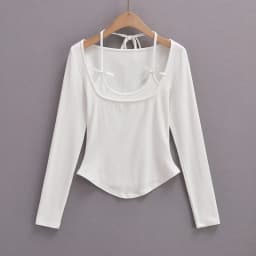 Sexy long sleeve top white korean fashion halter top cropped fake 2 pieces Fall outfits women t shirts crop top pink bow tie