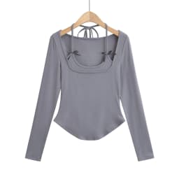 Sexy long sleeve top white korean fashion halter top cropped fake 2 pieces Fall outfits women t shirts crop top pink bow tie
