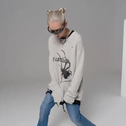 Karrcat Spider Print Harajuku Thick Sweater Women Gothic Vintage Ripped Grunge Y2k Jumper Streetwear Oversize Hiphop Pullover