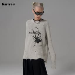 Karrcat Spider Print Harajuku Thick Sweater Women Gothic Vintage Ripped Grunge Y2k Jumper Streetwear Oversize Hiphop Pullover