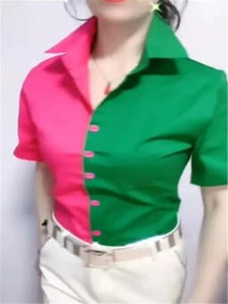 Chic Splicing Lady Blouses Short Sleeve Shirts For Women Contrast Color Shirts Korean Woman Clothes Shirts Sloping Placket Bloue