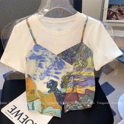 Vintage Oil Painting Chic T Shirts Fake Two Pieces Lovely Crop Top Sweet Women Girls Summer Short Sleeve Tees Korean Streetwear