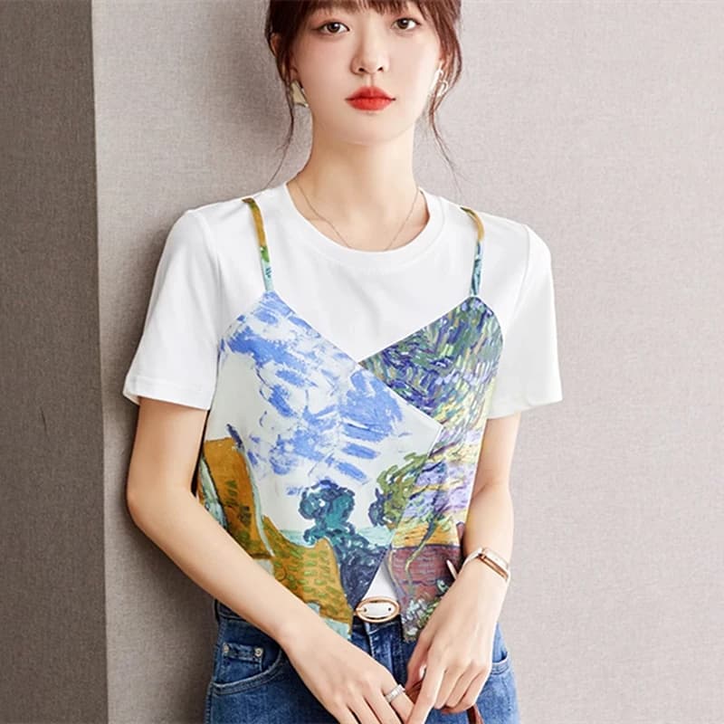 Vintage Oil Painting Chic T Shirts Fake Two Pieces Lovely Crop Top Sweet Women Girls Summer Short Sleeve Tees Korean Streetwear