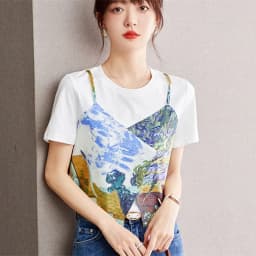 Vintage Oil Painting Chic T Shirts Fake Two Pieces Lovely Crop Top Sweet Women Girls Summer Short Sleeve Tees Korean Streetwear