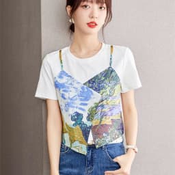 Vintage Oil Painting Chic T Shirts Fake Two Pieces Lovely Crop Top Sweet Women Girls Summer Short Sleeve Tees Korean Streetwear