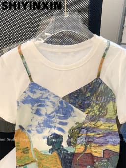 Vintage Oil Painting Chic T Shirts Fake Two Pieces Lovely Crop Top Sweet Women Girls Summer Short Sleeve Tees Korean Streetwear