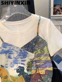 Vintage Oil Painting Chic T Shirts Fake Two Pieces Lovely Crop Top Sweet Women Girls Summer Short Sleeve Tees Korean Streetwear
