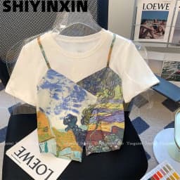 Vintage Oil Painting Chic T Shirts Fake Two Pieces Lovely Crop Top Sweet Women Girls Summer Short Sleeve Tees Korean Streetwear