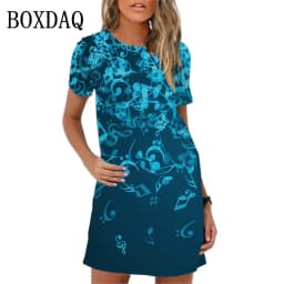 Summer Women Dress 3D Music Notes Patterns Print Mini Dress Streetwear Clothing Casual Short Sleeve Girls Woman Dress